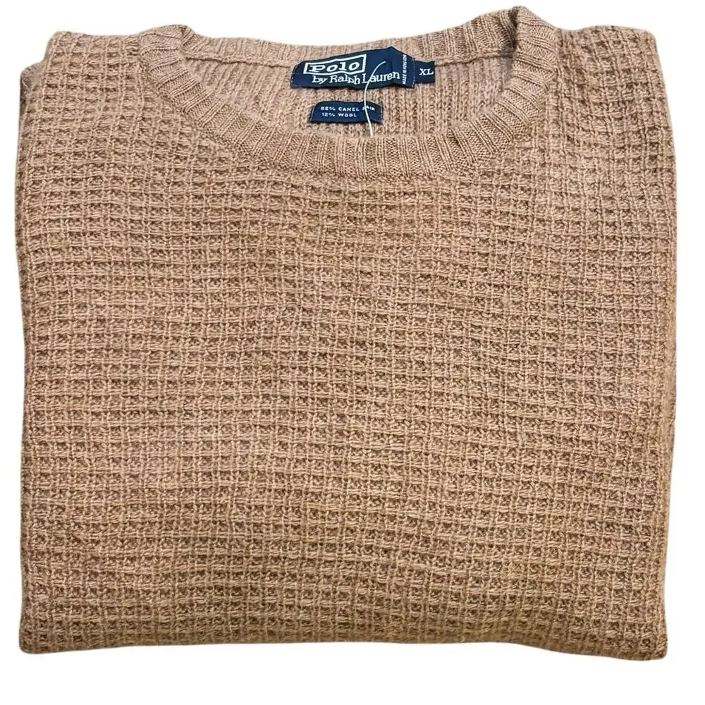 Vintage Deadstock Polo Ralph Lauren Camel Hair Waffle Knit Crew Neck Sweater XL